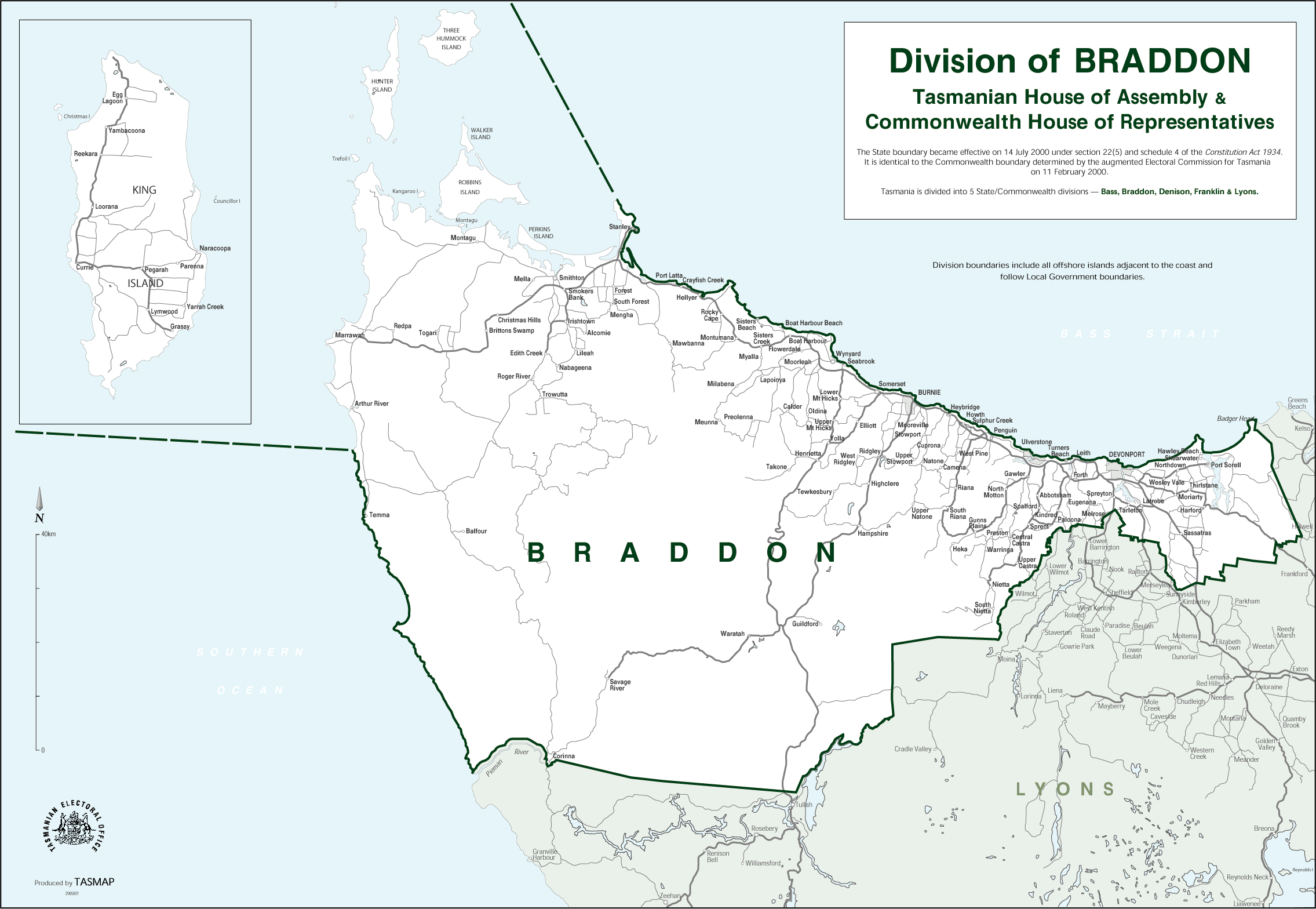 Map of territory of Braddon, Tasmania