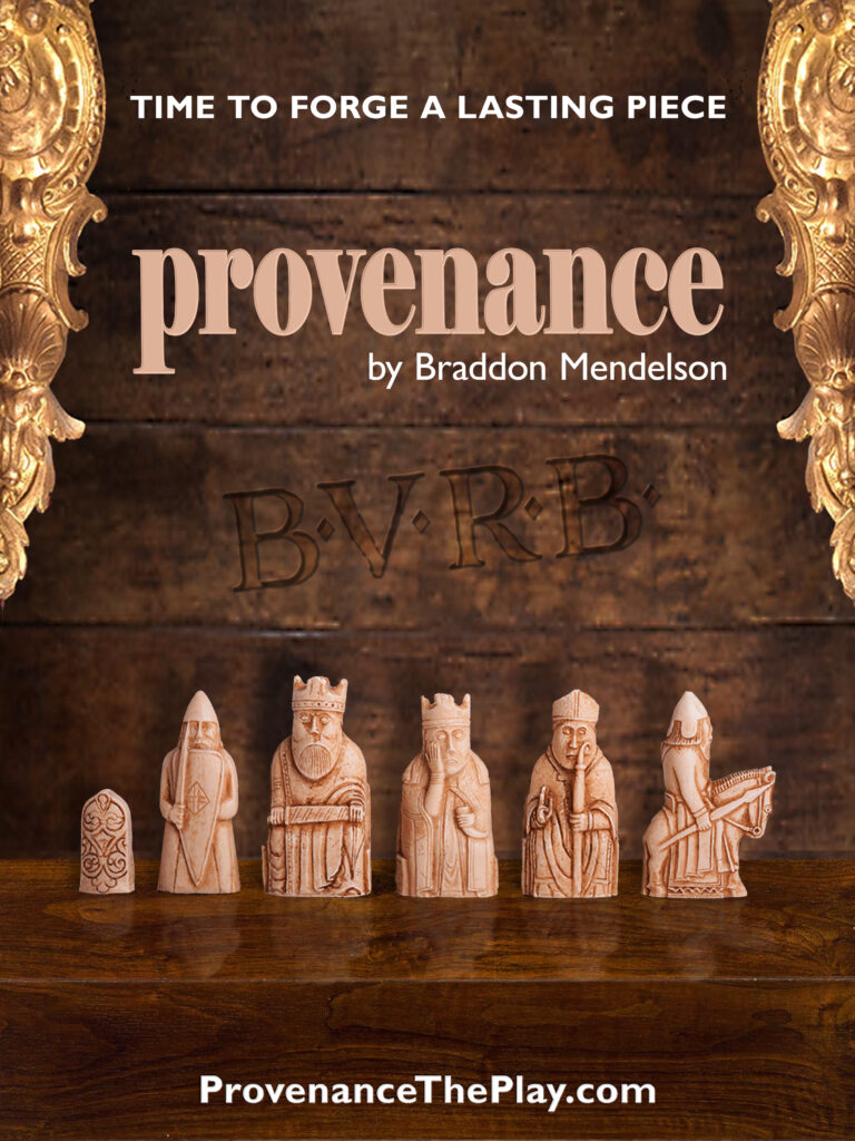 Poster for the play Provenance featiring chess pieces against a wood background